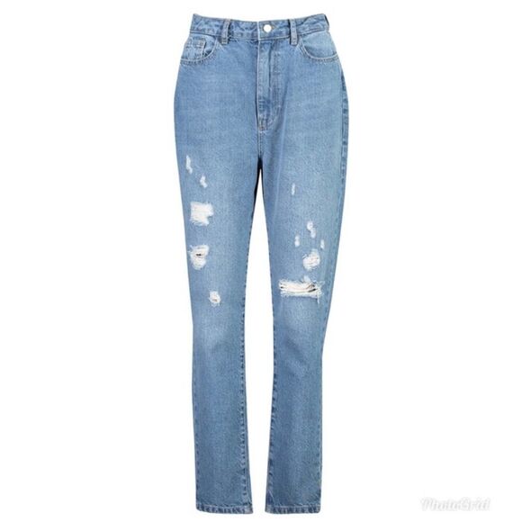 BOOHOO NWT Medium Denim Wash Mom Distressed Ripped Jeans, 8 Tall - Picture 4 of 10
